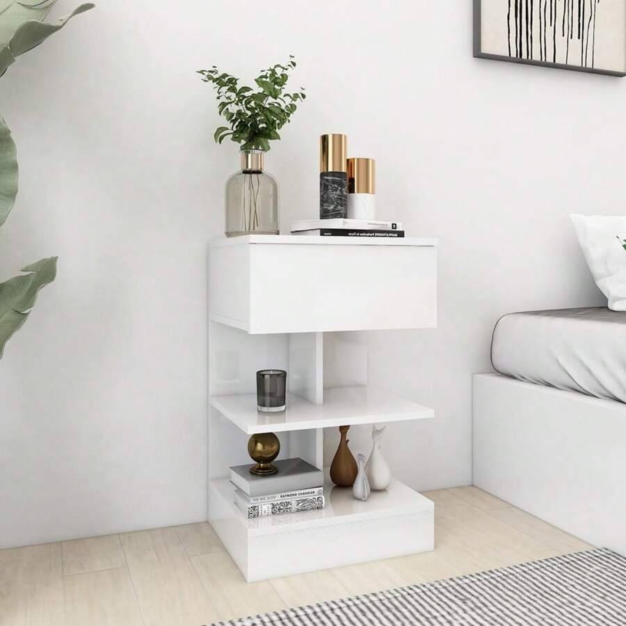 High Gloss White Bedside Cabinet 45 Cm Engineered Wood Nightstand Storage Unit Bathroom Decor Summer Makeup Organizer - White - View 1