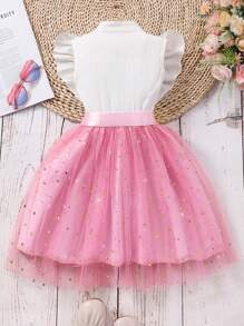 少女无袖翻领刺绣网眼A字裙，配腰带 - 粉色 - 查看 2