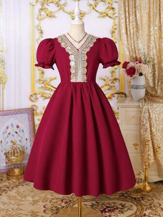 女童V领泡泡袖纯色中长连衣裙