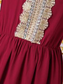 Tween Girls V-Neck Puff Sleeve Solid Color Mid-Length Dress - Red - View 4