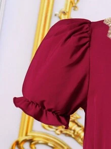 Tween Girls V-Neck Puff Sleeve Solid Color Mid-Length Dress - Red - View 5