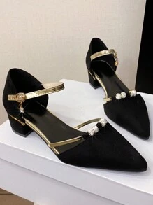 Bombas de Salto Alto com Decoração de Strass em Cor Sólida para Mulheres no Outono/Inverno, Sapatos de Vestir com Salto Médio Grosso e Bico Fino, Slip-On, Bomba de Trabalho com Tira Preta, Fivela, Plataforma Baixa e Sola Macia, Saltos para Festa e Casamento, Elegante