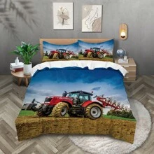 Set de ropa de cama de 3 piezas con estampado 3D de maquinaria agrícola y tractores en estilo rústico, que incluye 1 funda nórdica + 2 fundas de almohada, sin relleno. Suave, confortable y cálido, apto para todas las estaciones. Puede lavarse a máquina.