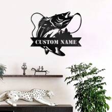 1 Pc Customizable Text Fishing Art Metal Wall Decoration With Personalized Name Logo For Farmhouse, Patio, Porch, Fishing Art Decor, Unique Gift Ideas Decorative, Delicate, Fashion, Contracting, Vintage Customization, Personalized, Unique Ideal Gift For His Anniversary, Family, Friends Gifts Birthday Graduation, Christmas Gift Supplies - Black - View 5