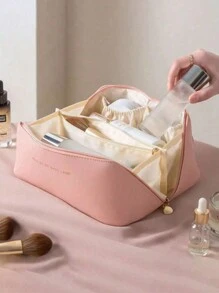 1 szt. Kreatywna kosmetyczka, kosmetyczka ze skóry PU, duża pojemność, modny i przenośny organizer na przybory toaletowe, wysokiej jakości brązowy kolor z koronką i plisowanym wzorem, wielofunkcyjna minimalistyczna kosmetyczka