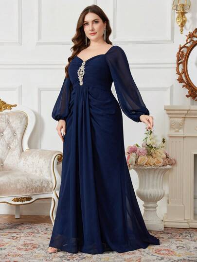 SUPGIR Plus Size Women Chiffon Lantern Sleeve Elegant Fold Pleated Rhinestone Decorated Solid Color Dress, Bridesmaid Dress