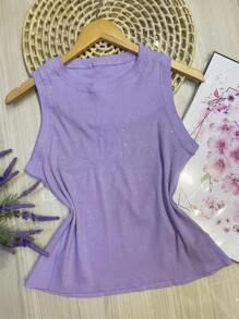 Tank Top Made Of Very Stretchy Cotton Fabric, Front With Sequins - 淡紫色 - 查看 1