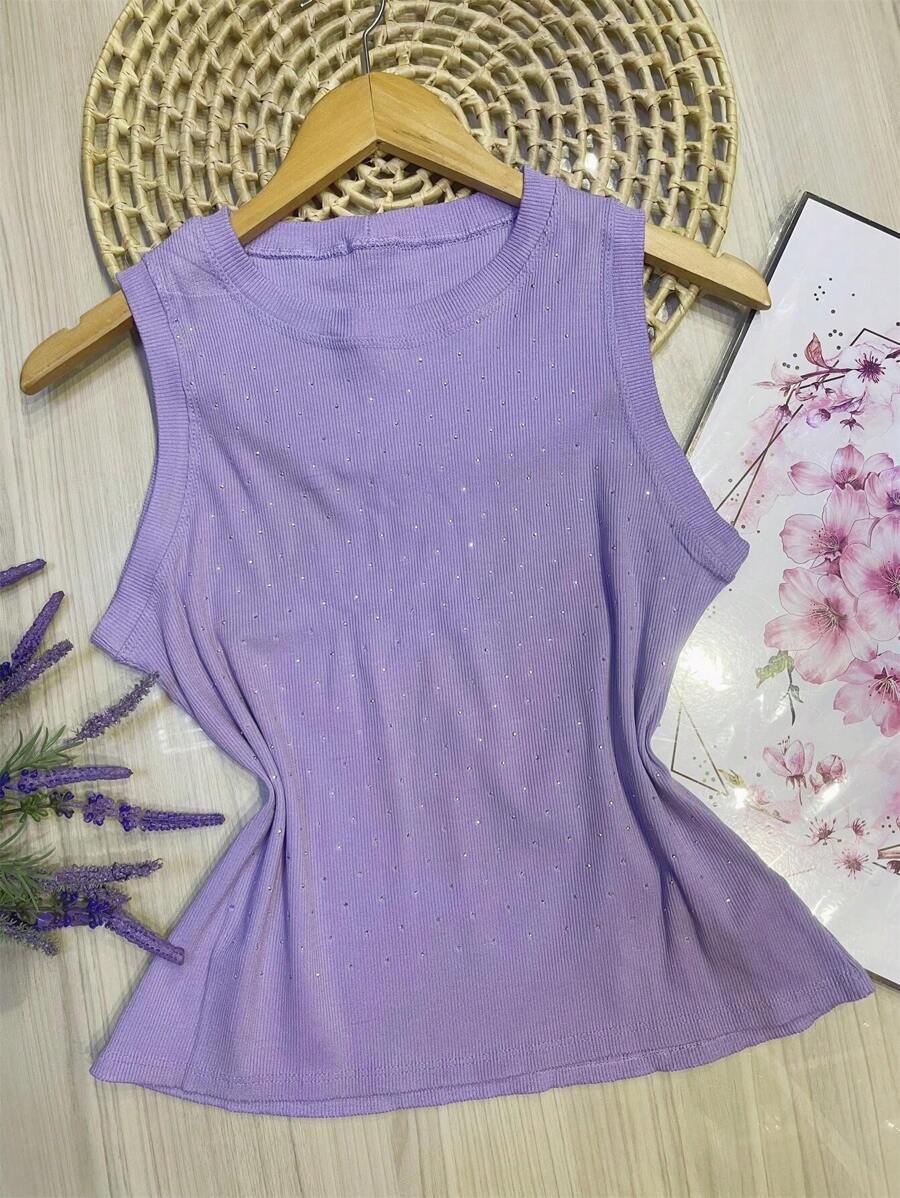 Tank Top Made Of Very Stretchy Cotton Fabric, Front With Sequins - 淡紫色 - 查看 1