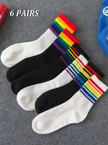 6 Pairs Minimalist Black & White Rainbow Pattern Unisex Comfortable Breathable Mid-Calf Socks, Stylish For Spring/Autumn, Fall - Multicolor - View 10