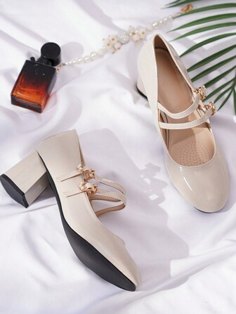 Women's High Heels, 2025 New Spring Solid Color Double Buckle Ladies High Heels, Black Thick Heel Shoes, Non-Slip Rubber Sole Ladies Shoes, Burgundy Mary Jane Shoes, Suitable For All Seasons