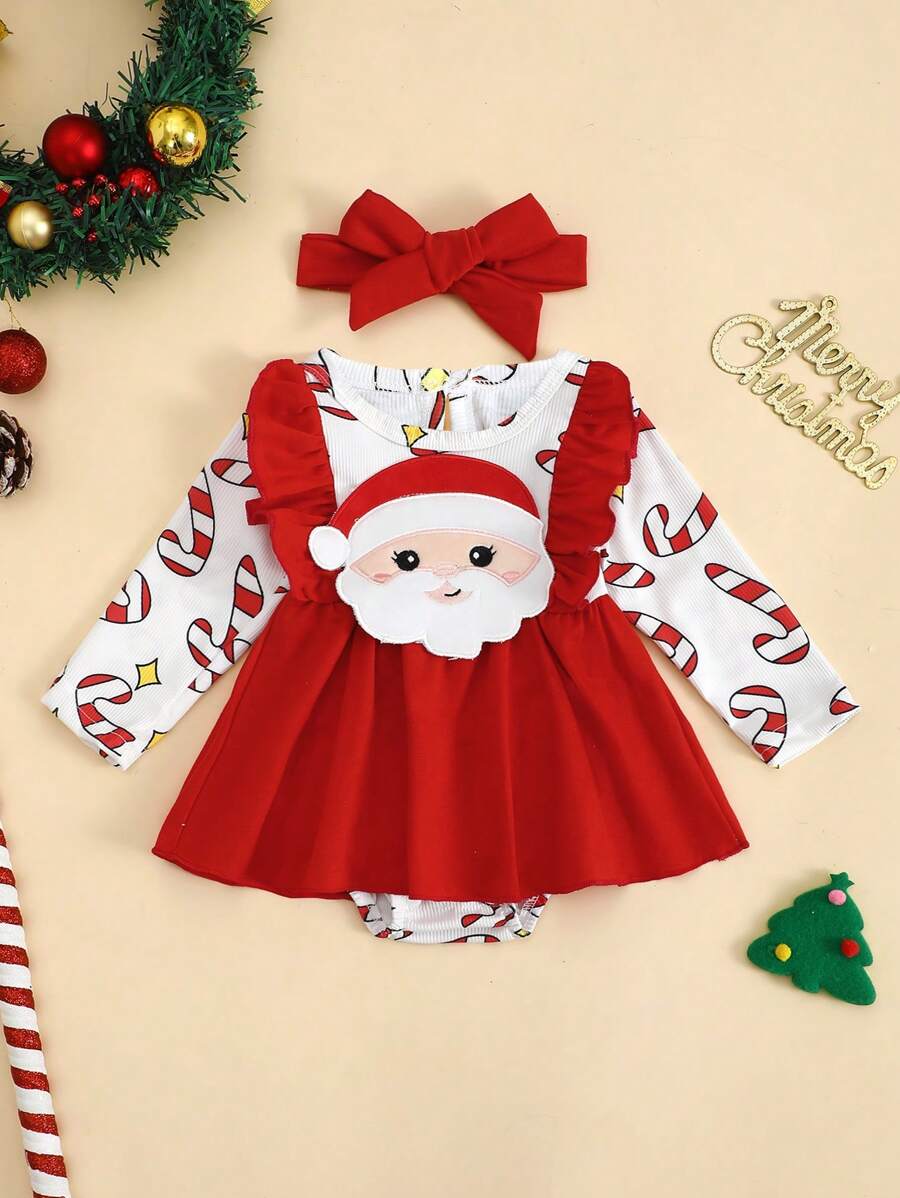 Pelele de bebé niña con bordado lindo de Papá Noel y volantes, serie navideña roja, el mejor regalo de Navidad