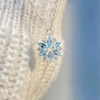 1pc Blue Rhinestone Snowflake Necklace, Delicate, Feminine, Elegant Design For Everyday Wear For Women/Girls