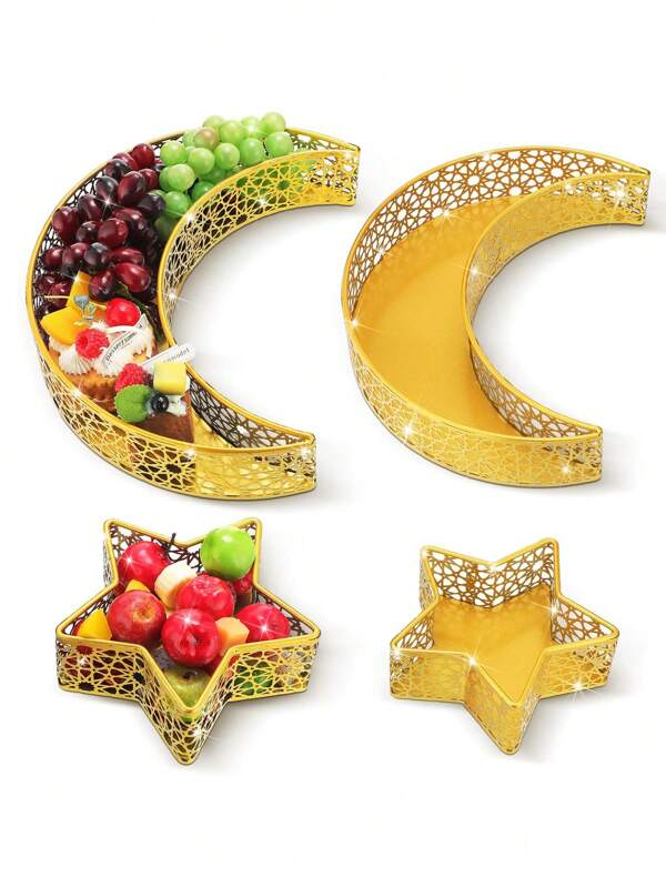 Ramadan Tablett Dekoration Eid Mubarak Mond Serviertablett Stern Islam Muslim Lebensmitteltablett Eisentablett Dekoration Ramadan Islamische Party Dessert Gebäckausstellungsständer Dekoration (Gold)
