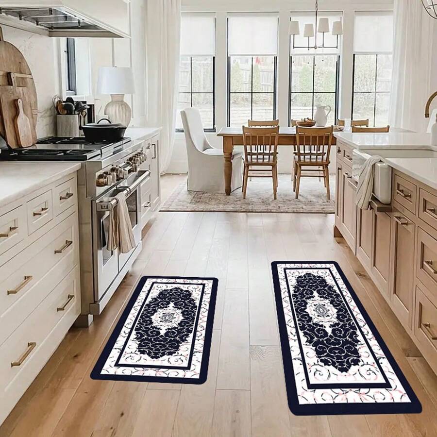 1/2pcs Bohemian Theme Kitchen Carpet Set - Deep Blue Stripes, Floral Design, Non-Slip, Machine Washable, Soft Polyester For Bathroom, Hallway, Bedside - Perfect Home Decor & Gift - Multicolor - View 1