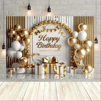 Multi Functional Happy Birthday Banner, Paired With Gold And White Balloons And Large Bows - Perfect For Princess Parties, Bachelor Party Celebrations, And Photo Backgrounds, Backgrounds, And Photography Decorations
