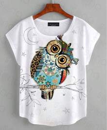 Casual Short Sleeve Blouse With Christmas Owl Print