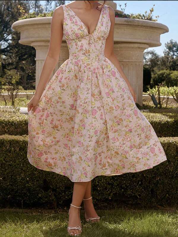 Women Elegant Floral All Over Print Sleeveless Dress