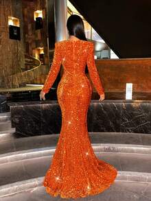 CHOSMO 新款秋季亮片长袖橙色礼服，优雅修身高腰晚礼服，女士长款正式礼服，长款连衣裙，女士正式礼服，焦橙色连衣裙，万圣节女士服装