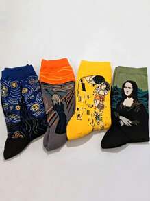 4 Pairs Unisex Autumn/Winter World Famous Painting Design Socks, Heart Printed Mid-Calf Socks, Fall - A - View 10