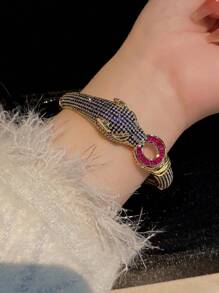 1pc Luxury Multicolor Cubic Zirconia Leopard Pattern Elegant Copper Bangle Bracelet, Gift For Mom, Formal Event Accessory