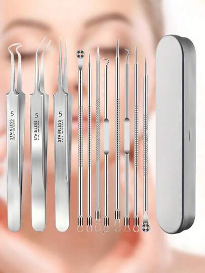 4/8/11pcs/Set Professional Blackhead Remover Kit, Acne Needles, Stainless Steel Face Blemish & Acne Extraction Tools, Pimple Popping Needle– Professional Pimple Popper Set For All Skin Types With Storage Box, Facial Skin Pores Cleaning Set Tools, Facial Care Implements, Gifts For Family, Friends, Back To School, Halloween, Christmas, Blackhead Remover, Beauty, Skin Care Products, Spa, Self Care, Skin Care Tools, Face Care, Esthetician Supplies, Skin, Face Wash, Facial