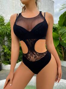 1PC Sexy Lingerie Fishnet Cut Out Waist Sexy Bodysuit - Black - View 3