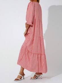 Women Plus Size Geometric Print Long Dress, V-Neck Puff Long Sleeve Loose Fashion Dress For Spring, Summer L/XL/2XL