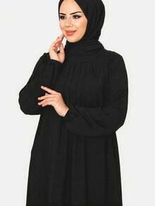 Fashion Women's Casual Retro Plain Round Neck Long Loose Robe Muslim Dress,Modest - Black - View 5