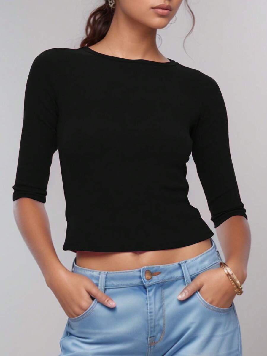 ii Áo croptop ngắn tay cổ tròn màu trơn dành cho nữ, màu đen, kiểu dáng thường ngày, thích hợp cho mùa xuân.