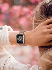 Unbeinst 1 件豹纹雕花软硅胶表带，适用于 Watch Ultra 系列 10、9、8、7、SE、6、5、4、3、2、1 - 奶茶色 - 查看 5