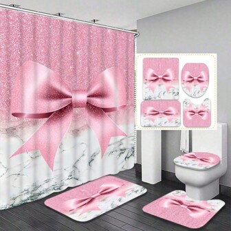 1/4pcs Mother's Day Pink Bow Waterproof Shower Curtain Set, Home Decoration For Spring/Fall Decor, Holiday Decor, Luxury Bathroom Home Accessory, Waterproof, Machine Washable, 12 Hooks, Essential Bathroom Decor For Bathtub Divider And Easy Cleaning, Refreshing Bathroom Experience Bathroom Accessories Back To School