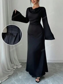 Women's Elegant Solid Color Draped Collar Flared Sleeve Arabic Style Dress