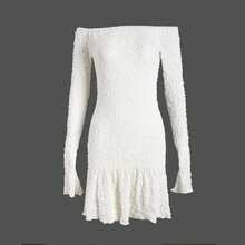 Women's Off Shoulder Dress Solid Pleated Ruffled Hem Flared Cuffs Long Sleeve Slim Fit Mini Dress For Spring& Summer,Bride - White - View 3