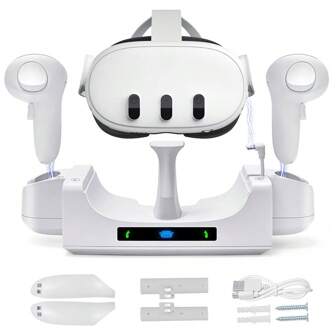 iplay VR-laddningsdocka för O-Quest3/3S-headset och kontroller, snabbladdning med väggfäste och LED-laddningsindikator, inkluderar 2 x 600mAh laddningsbara batterier - vit