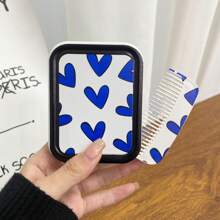 多彩爱心小镜子化妆镜便携折叠化妆镜梳子一体式套装袖珍镜带梳子-可爱节日礼物 - 藍色 - 查看 1