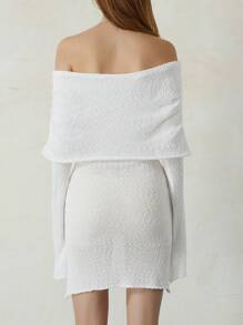 Women Bodycon Knitted Dress Boat Neck Off Shoulder Long Sleeve Casual Fuzzy Short Dress - White - View 7