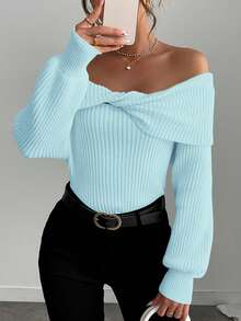 Women's Solid Color Off Shoulder Long Sleeve Simple Sweater, Casual For Everyday - Blue - View 6