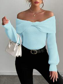 Women's Solid Color Off Shoulder Long Sleeve Simple Sweater, Casual For Everyday - Blue - View 5