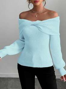 Women's Solid Color Off Shoulder Long Sleeve Simple Sweater, Casual For Everyday - Blue - View 4