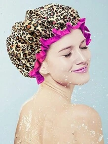 1 件可重复使用的成人女士双层豹纹和斑马纹丝绸防水浴帽，弹力浴帽，适用于日常护发、厨房防油