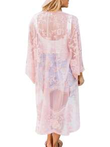 Women Casual Beachwear Cardigan Solid Color 3/4 Sleeve See-Through Embroidery Flower Cover-Up - 粉色 - 查看 3