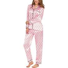 Women's Polka Dot Long Sleeve Trousers Pajamas With Casual Lapels, 100% Polyester Fabric For All-Season Comfort, Wearable Outside, Loungewear Set - Pink - View 1