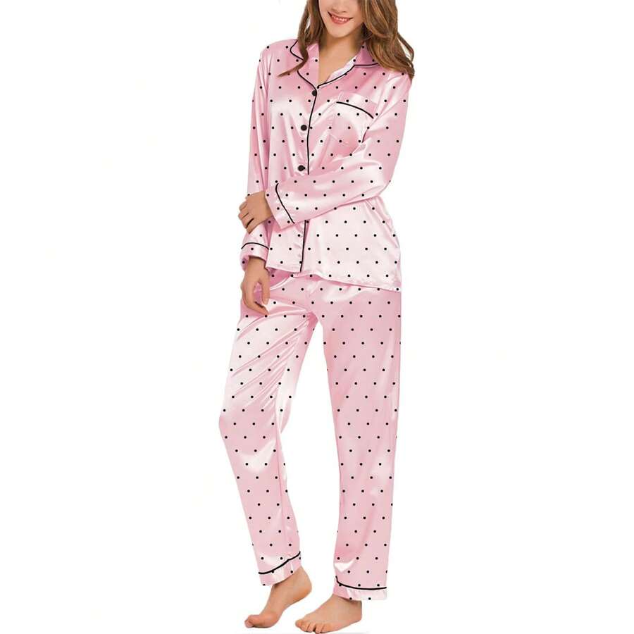 Women's Polka Dot Long Sleeve Trousers Pajamas With Casual Lapels, 100% Polyester Fabric For All-Season Comfort, Wearable Outside, Loungewear Set - Pink - View 1