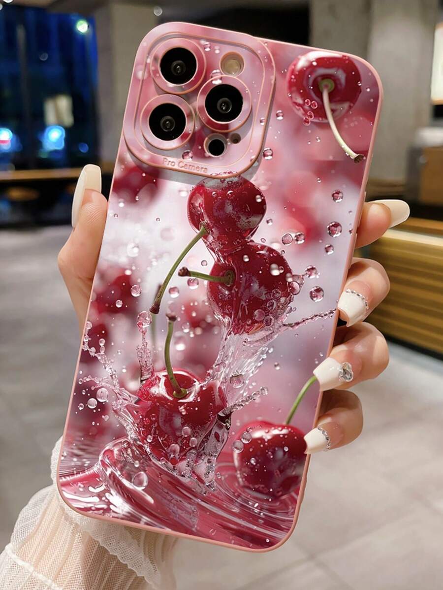 1pc Splash-Proof Cherry Camera Protective Phone Case Compatible With Apple, /Galaxy, Infinix, Redmi, OPPO, VIVO, Realme Waterproof Shockproof Anti-Fall Scratch Resistant - Pink - View 1