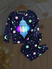 2 件装年轻女孩休闲舒适斋月月亮与光印花长袖上衣和裤子睡衣家居服套装，日常穿着 - 藏蓝色 - 查看 1