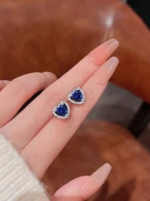 1pc/Set 925 Sterling Silver Blue Heart-Shaped Rhinestone Necklace Ring & Earring Set For Women Fine Jewelry Gift