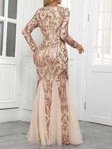 Women V-Neck Random Sequin Print Elegant Mesh Mermaid Hem Dress, Formal Gown For Wedding Party And Evening - Champagne - View 2