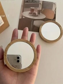 1pc Portable Travel And Carry Wooden Mirror - Handheld Compact Round Mirror For Beauty And Makeup - Multicolor - View 1