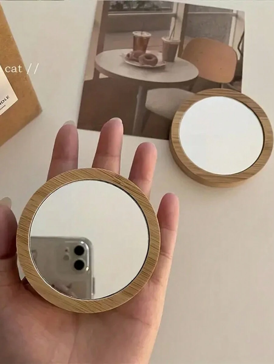 1pc Portable Travel And Carry Wooden Mirror - Handheld Compact Round Mirror For Beauty And Makeup - Multicolor - View 1