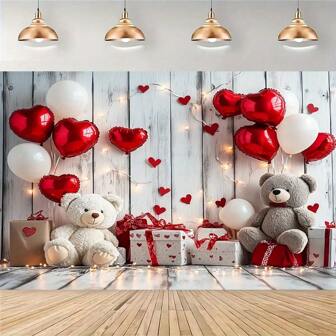A Teddy Bear And Heart-Shaped Balloon Background - Polyester Photography Background, Used For Romantic Celebrations, Family Parties, Weddings, Anniversaries - Suitable For Valentine's Day, New Year And Other Holiday Decorations Back To School Valentine Day